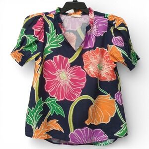 Les Amis Multicolor Floral Smocked Puff Sleeve Rayon Pullover Top Ruffled V Neck